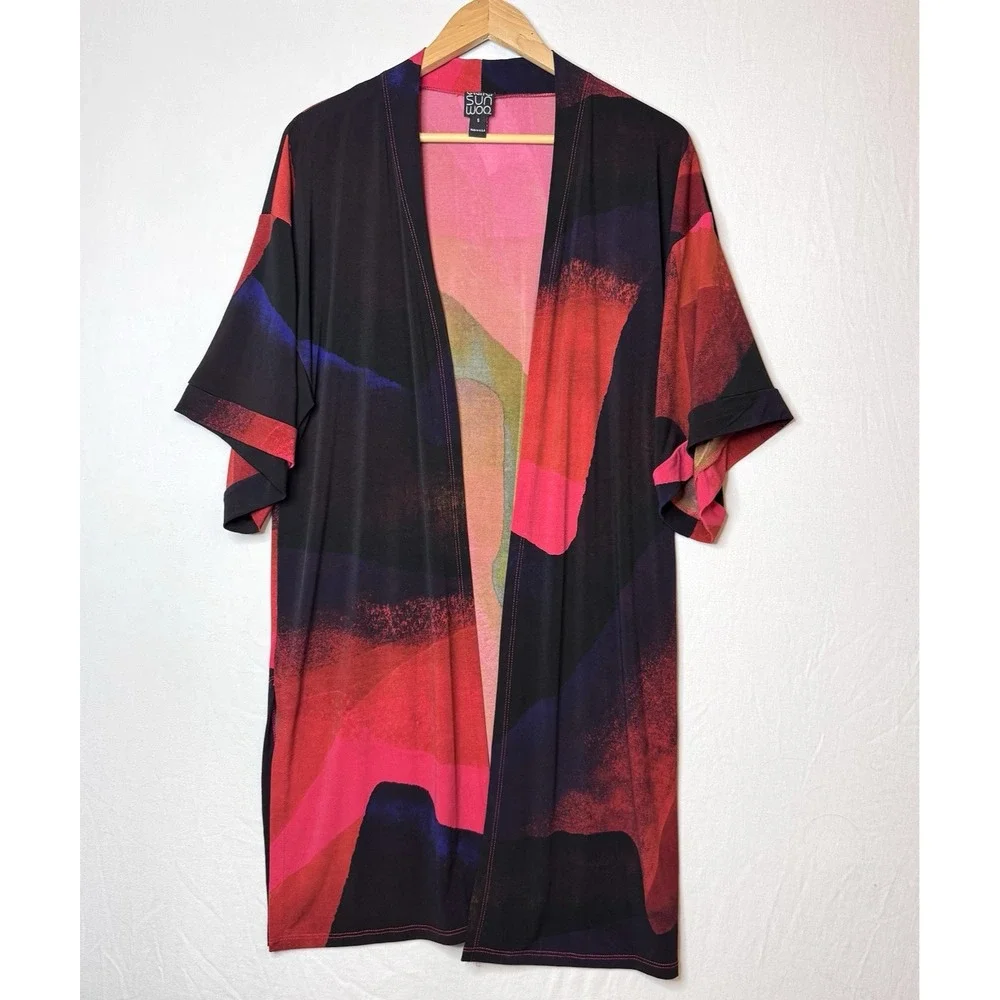 Clara Sun‎ Woo Duster Cardigan Sz S Colorful Artsy Lagenlook Slinky Jacket Art